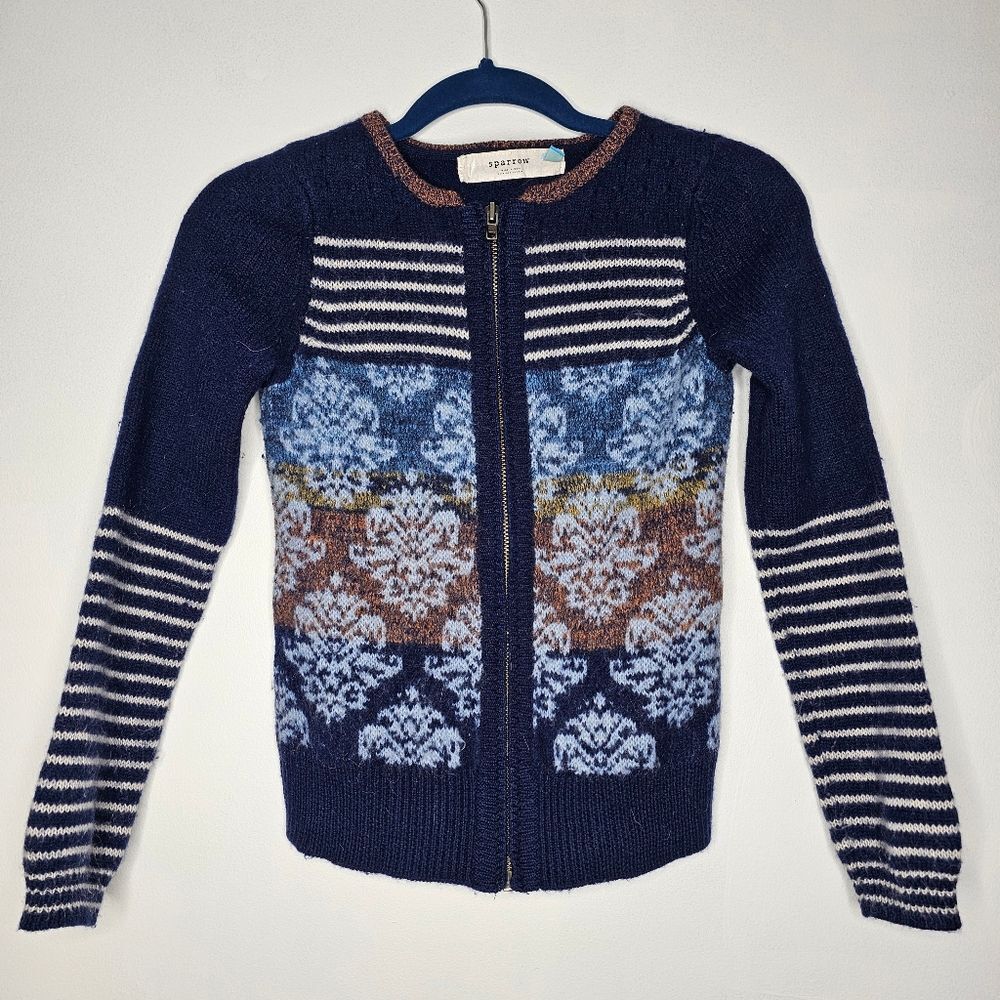 Anthropologie Sparrow Blue Arras Zip Up Wool Sweater Size Small